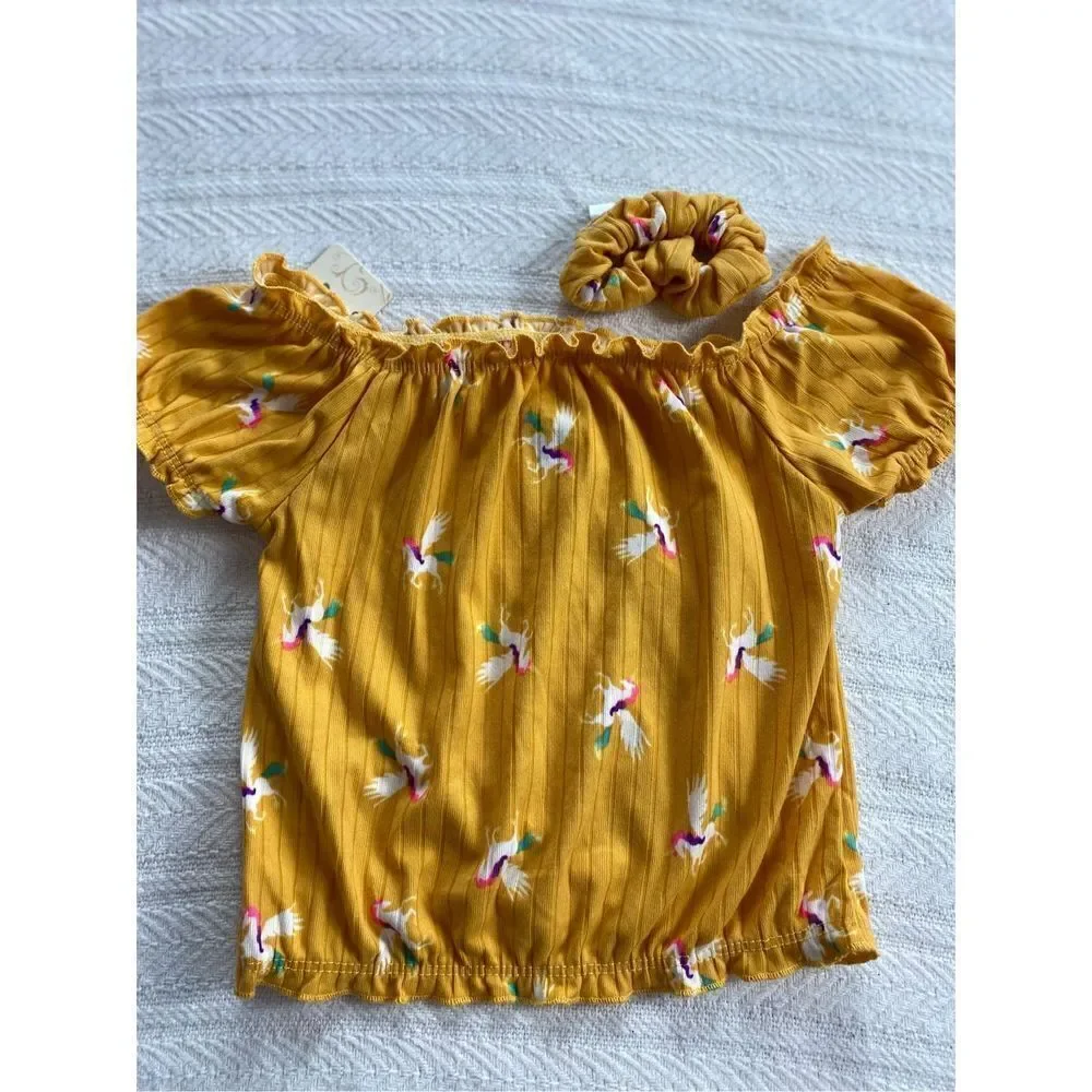ONE STEP UP Girl’s Small (4) Mustard/Unicorn Top with Matching Scrunchie